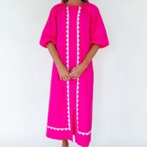 Vibrant Pink Midi Dress with White Accents